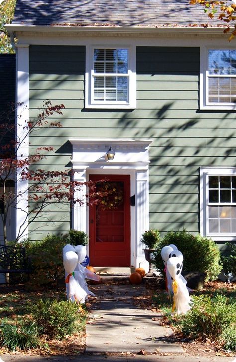 Green House With Red Roof, Green House Red Door, Green House Door Color Ideas, House With Red Door, Sage Green House, Gray Siding, Red Door House, Green Exterior House Colors, Green House Exterior