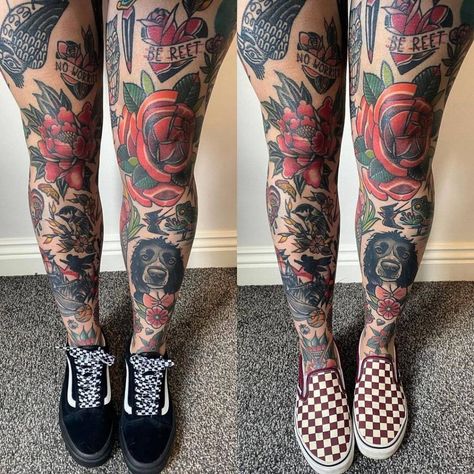 Women Full Leg Tattoo, Flower Leg Sleeve Tattoo Women, Neo Traditional Leg Sleeve, Big Leg Tattoos For Women, Female Leg Sleeve Tattoo, Women’s Leg Sleeve, Half Leg Sleeves For Females, Traditional Leg Tattoos Women, Full Leg Sleeve Tattoo Female