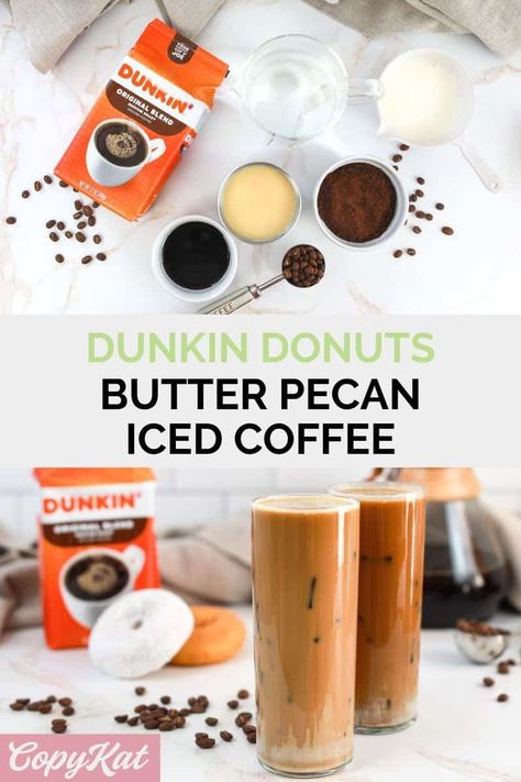 Dunkin Donuts Butter Pecan Iced Coffee is an incredibly tasty cold coffee drink. Get the easy copycat recipe and find out how to make the best iced butter pecan coffee at home. Save money and make a delicious homemade coffee drink flavored with butter pecan swirl. Diy Dunkin Donuts Iced Coffee, Copycat Dunkin Donuts Iced Coffee, Dunkin Coffee At Home, Dunkin Butter Pecan Iced Coffee Recipe, Dunkin Donuts Butter Pecan Iced Coffee, Dunkin Coffee Recipe, Dunkin Donuts Copycat Recipes, Dunkin Iced Coffee At Home, Diy Iced Coffee Recipes At Home