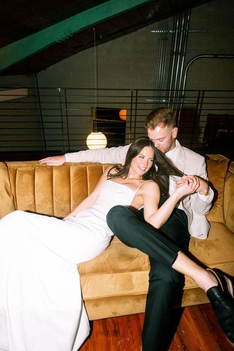 Groom on Couch With Bride in Fitted Gown Laying on Lap, After Party Laying On Lap, Couch Wedding, Party Mood Board, Monochromatic Wedding, Moodboard Wedding, Wedding Shot List, Wedding Reception Party, Pastel Bouquet, Fitted Gown