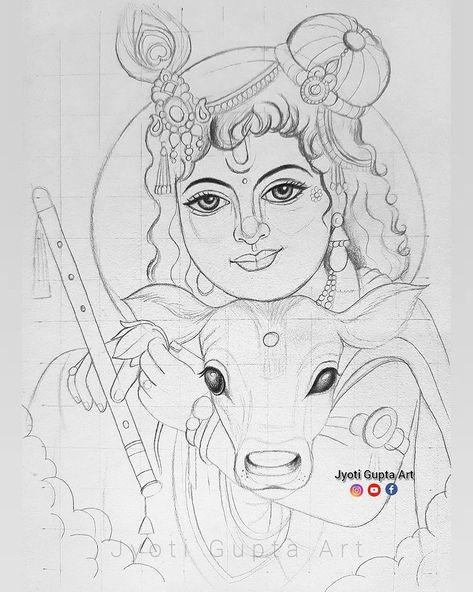 Cute Kanha with Little Cow ❣️🙏 Art By @jyotiguptaart Join Workshop to learn Krishna Drawing step by step 😊 Dm for joining now -… | Instagram Images For Drawing Sketch, Krishna Ji With Cow, Free Hand Design Drawing, Radha Krishna Grid Sketch, Krishna With Cow Paintings, Free Hand Designs Drawing, Krishna Images Drawing, Kanha Ji Drawing, Krishna Ji Sketch