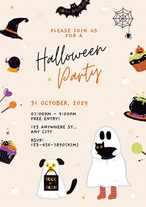 Beige Cute Playful Hand drawn Cartoon Halloween Party Flyer / beige, cute, halloween, flyer, party, invitation, kids, event, cartoon, playful / #canva #canvatemplate #freetemplate #canvafree Halloween Invitations Kids, Halloween Party Flyer, Halloween Cartoons, Instagram Feed Ideas, Halloween Event, Event Flyer, Halloween Crafts For Kids, Halloween Invitations, Party Flyer