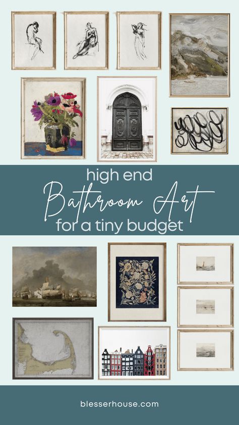 Artwork For Bathroom Walls, Bathroom Wall Art Above Toilet, Picture In Bathroom Ideas, Vintage Bathroom Photos, Powder Room Framed Art, Vintage Modern Bathroom Art, Best Bathroom Art, Art Over Tub Master Bath, How To Hang Art In Bathroom