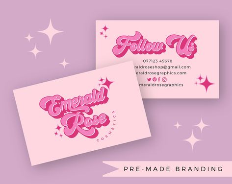 Pink Retro Logo & Business Card Package, Pret Retro Name Card, Business Card Design Aesthetic, Groovy Business Cards, Y2k Business Cards, Cute Business Cards Design, Girly Business Names, Funky Business Cards, Wish Card Design, Retro Pink Aesthetic