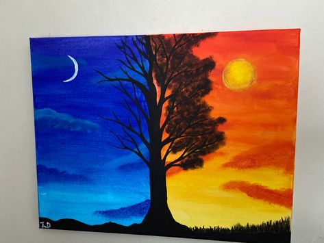 Painting Ideas On Canvas Half And Half, Half Sunset Half Night Painting, Half Night Half Day Painting, Black Wallpapers Tumblr, Sunset Canvas Painting, Sunset Canvas, Cute Canvas Paintings, Cute Canvas, Night Painting