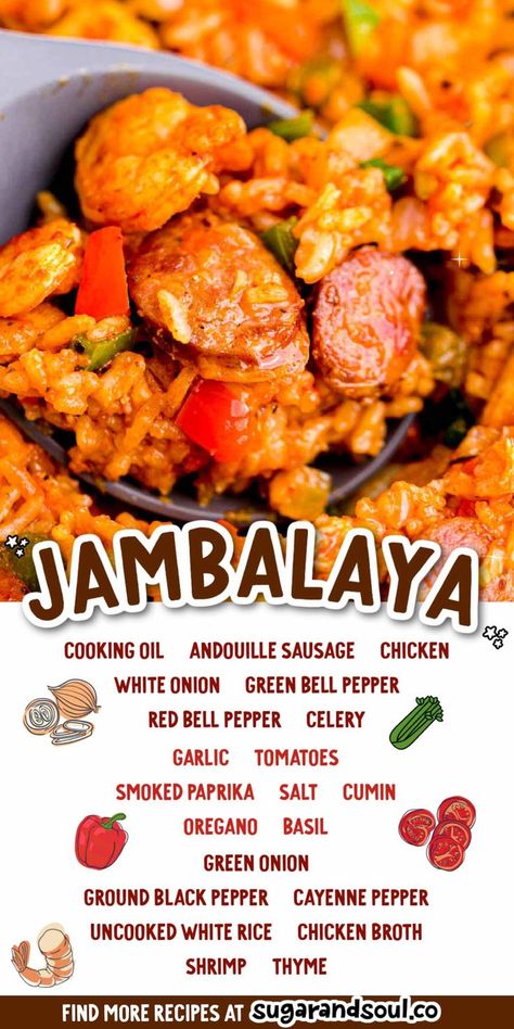 One Pot Jambalaya is a Cajun rice dish that's packed with flavorful herbs and spices and loaded with tender chicken, shrimp, and sausage! Chicken And Rice Jambalaya, One Pot Jumbalia, Sheet Pan Jambalaya, Jambalaya Recipe No Shrimp, Jambalaya Recipe Chicken And Sausage, Jambalaya Rice Recipe, Authentic Jambalaya Recipe, One Pot Jambalaya Recipe, One Pot Jambalaya