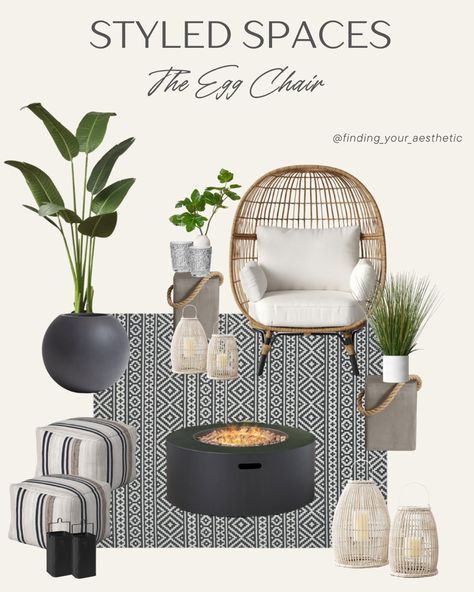 There is a curated image with patio furniture and decor include an egg chair Egg Chair Outdoor Decor, Egg Chair Porch Ideas, Patio Egg Chair Decor, Egg Chair Decoration Ideas, Egg Chair Decor, Modern Glam Apartment, Egg Chair Patio, Fire Pit Modern, Outdoor Rug Patio