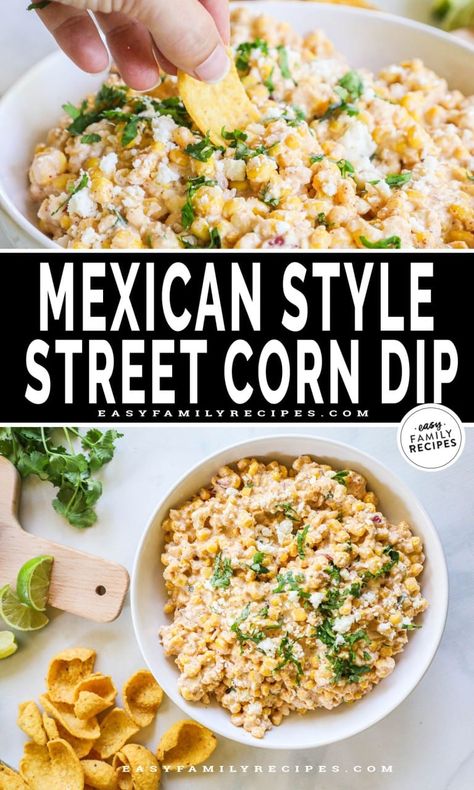 Want to wow your guests without breaking a sweat? Look no further than this easy Mexican Street Corn Dip! This recipe is a quick and easy appetizer built for a crowd, whether hosting a party or hanging with friends for game day. Elote corn dip is easy to make and oh-so-creamy, with the perfect blend of savory and sweet. Your guests will crave more of this delicious spin on traditional street corn! Street Corn Salad Dip, Game Day Corn Dip, Street Corn Easy Recipe, Feta Corn Dip, Mexicorn Dip Recipe With Rotel, Mexican Street Corn Bites, Mexican Street Corn Dip Cream Cheese, Slow Cooker Street Corn Dip, Elote Street Corn Dip