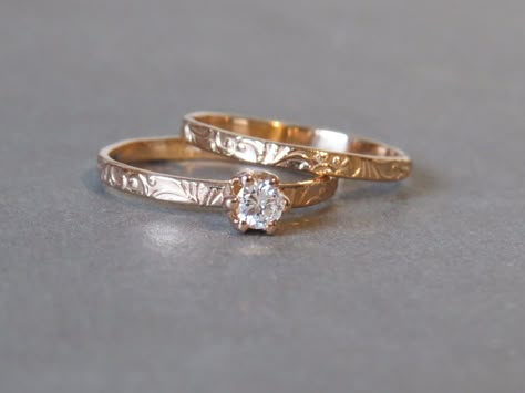 Gold Engagement Ring Solitaire, Floral Wedding Ring, Solitaire Diamond Ring, Diamond Ring Set, Yellow Gold Wedding Band, Diamond Ring Settings, Gold Ring Sets, Wedding Ring Set, Rose Gold Engagement