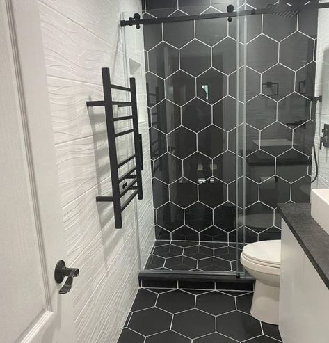 Black Hexagon Porcelain Tile Hexagon Shower Tile, Black Hexagon Tile Bathroom, Hexagon Shower Floor, Marble Mosaic Bathroom, Hexagon Tile Bathroom, Black Hexagon Tile, Black Tile Bathrooms, Fireplace Feature Wall, Tile Tub Surround