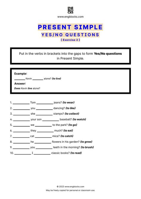 #english #englishgrammar #presentsimple #presentsimpletenses #presentsimpleworksheet #esl #eslworksheet  #engblocks #eslwebsite Language Acquisition Theories, Yes No Questions, Esl Teaching Resources, Exercise Activities, Language Acquisition, Yes Or No Questions, English Grammar Worksheets, Esl Teaching, Grammar Worksheets