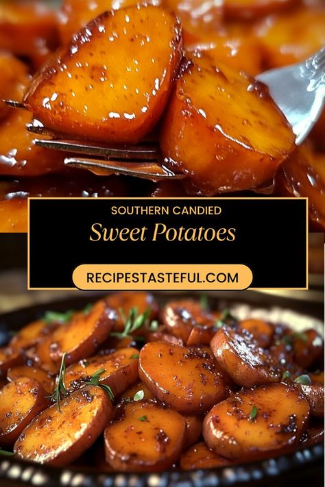 These Southern Candied Sweet Potatoes are a delightful side dish featuring tender sweet potatoes coated in a rich, sugary sauce with hints of cinnamon and nutmeg. Perfect for holiday dinners or any family gathering, this recipe brings warmth and sweetness to your table. Best Thanksgiving Sweet Potatoes, Thanksgiving Candied Yams Recipes, Candied Sweet Potato Recipes Crockpot, Baked Candied Yams Soul Food Style, Sweet Potato Sides Thanksgiving, Candies Sweet Potatoes Baked, Southern Yams Candied Sweet Potatoes, Crispy Sweet Potatoes In Oven, The Best Sweet Potatoes