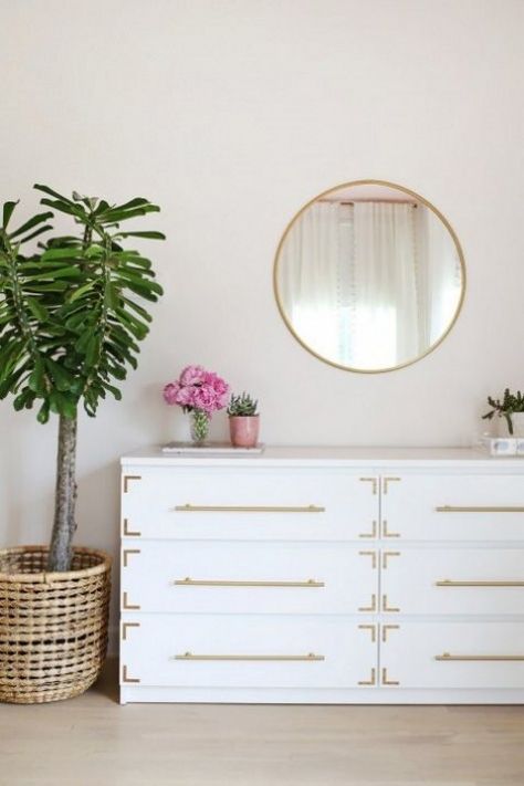 an IKEA Songesand dresser hack with gold pulls and corner braces is a timelessly chic piece Ikea Dresser Hack, Cama Ikea, Campaign Dresser, Ikea Malm Dresser, Malm Dresser, Hack Ikea, Bedroom Hacks, Ikea Dresser, Dresser Design