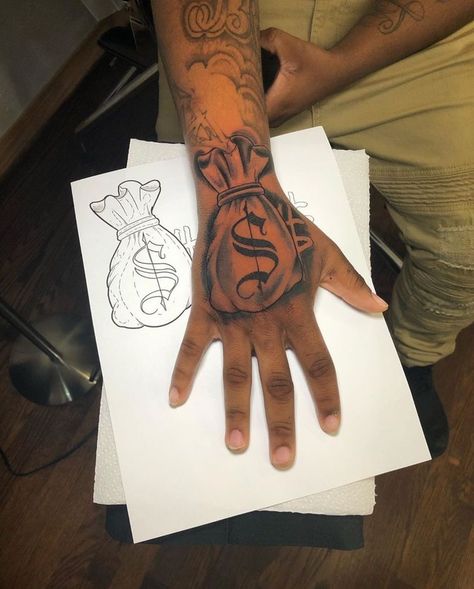 Hustle Neck Tattoo, Hustle Hand Tattoo, Moneybagg Tattoo, Hustle Tattoo For Men, Hustle Tattoos For Women, Hand Tats For Guys, Money Bag Tattoo Design, Money Bag Tattoo On Hand, Hand Tats Men