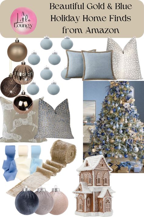 Shop Gold & Blue Christmas Tree and Decor Inspiration. Croker horse pillows, velvet ribbon, glass ornaments, ceramic gingerbread house, Christmas tree. Blue And Tan Christmas Decor, Rustic Blue Christmas Decor, Navy Gold Christmas Decor, Blue Brown Christmas Tree, Dusty Blue Christmas Tree, Dark Blue Christmas Aesthetic, Gold Blue Christmas Tree, Light Blue Christmas Decor, Neutral Ornaments