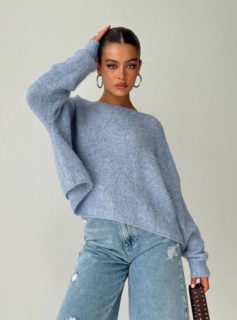 Sweater Soft knit material, drop shoulder, ribbed cuffs, wide neckline Good stretch, unlined Princess Polly Lower Impact 97% reclaimed polyester, 3% elastane Cold gentle machine wash