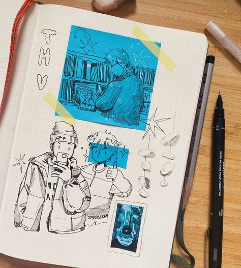 ingrid ⁷ on Twitter: "thv & rkive… " Cool Sketchbook Pages, Japanese Sketchbook, First Page Of Sketchbook Ideas, Cool Sketchbook, Graphic Sketchbook, Panel Drawing, Marker Painting, Sketchbook Layout, Travel Journal Scrapbook