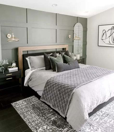 32 Gorgeous Green Accent Wall Ideas for Any Room or Style Grey And Olive Green Bedroom, Sage Accent Wall, Bedroom Accent Wall Ideas Paint Colors, Dark Green Accent Wall Bedroom, Master Bedrooms With Accent Wall, Accent Wall Green, Green Accent Wall Bedroom, Accent Wall Behind Bed, Accent Wall Bedroom Paint