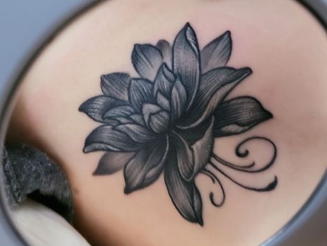 Lotus Coverup Tattoo, Cover Up Tattoo Lotus, Cover Up Tattoos Back Of Neck, Black Lotus Tattoo Cover Up, Lotus Cover Up Tattoo For Women, Dark Tattoos For Cover Ups, Lotus And Rose Tattoo, Lotus Flower Tattoo Black And White, Dark Lotus Flower Tattoo