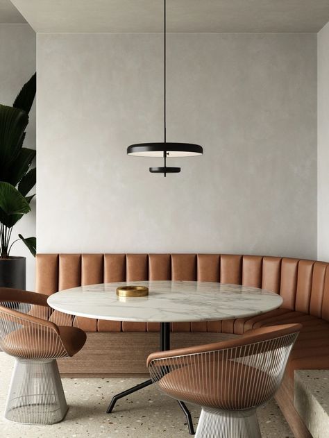 Coin Banquette, Oval Glass Coffee Table, Interior Pendant Lighting, Cylinder Pendant Light, Booth Seating, Dining Nook, Design Awards, Dining Area, Pendant Lighting