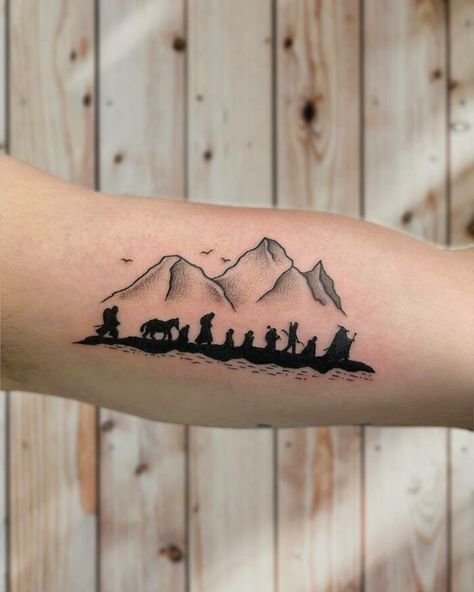 Lotr Tattoo Samwise Gamgee, The Fellowship Tattoo, Lord Of The Rings Mountain Tattoo, Home Is Behind The World Ahead Tattoo, One Ring Tattoo Lotr, Mines Of Moria Tattoo, Lord Of The Rings Tattoo Ideas For Men, Rohirrim Tattoo, Fellowship Of The Ring Tattoo