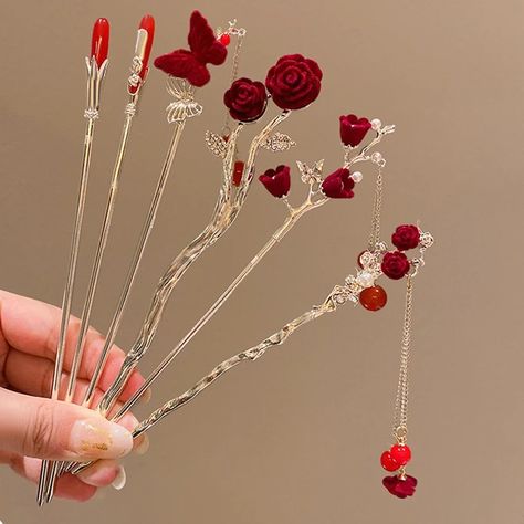 Retro Rose Hairpin For Women Chinese Style Tassel Hair Stick Pins Hair Clips Flower Handmade Hairpins Valentine's Day Headwear - AliExpress Hair Stick Aesthetic, Rose Hairclips, Chinese Hair Clip, Chinese Hair Pins, Chinese Hair Pin, Rose Hairpin, Hair Pin Stick, Hairpin Chinese, Character Jewelry