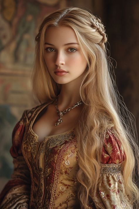 Female Elf Cosplay, Noble Woman Art, Medival Characters, Blonde Female Character Inspiration, Oc Medieval, Medieval Portrait, Medieval Beauty, Medieval Female, Medieval Characters