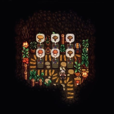 No Mods Stardew Valley, Farm Cave Stardew, Stardew Valley Fruit Bat Cave Ideas, Stardew Valley Mushroom Cave Design, Stardew Valley Cute Farm Ideas, Stardew Valley Tree Tapping Layout, Stardew Valley Cave Design, Stardew Cave Design, Bat Cave Stardew Valley