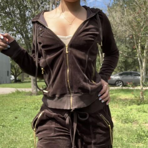 FREE SHIPPING 🗣️👀🤎 Brown juicy couture... - Depop Brown Juicy Couture Tracksuit, Juicy Couture Aesthetic, Brown Tracksuit, Brown Juicy Couture, Juicy Tracksuit, Juicy Couture Y2k, Juicy Couture Tracksuit, Juicy Couture Jacket, Brown Pants