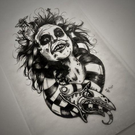 By Jordan Taylor  Townsend  Beetlejuice, Beetlejuice tattoo, black work tattoo, tattoo design , tattoo flash, Halloween tattoo Neo Traditional Tattoos Men, Tim Burton Halloween, Black Work Tattoo, Beetlejuice Tattoo, Taylor Townsend, Halloween Tattoos Sleeve, Tim Burton Tattoo, Horror Movie Tattoos, Tattoos Sleeve