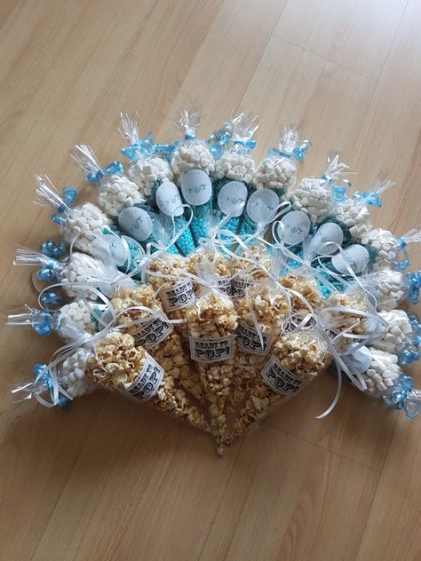 Blue Sweet Cones £1.50 each includes stickers. Popcorn 'ready to pop' cones £1.00 each includes stickers. Discount for larger orders. Popcorn Baby Shower, Blue Popcorn, Sweets Ideas, Sweet Cones, Ready To Pop, Candy Table, 1st Year, Table Ideas, Boy Baby