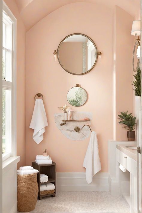 Peach And White Bathroom, Salmon Bathroom Walls, Peach Colored Bathroom, Peachy Pink Bathroom, Bathroom Peach Color, Pale Peach Paint Color, Peach Bathroom Walls, Peach Colour Bathroom, Peach Color Bathroom