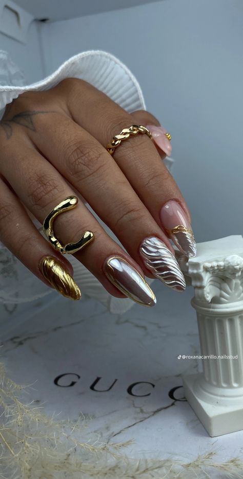 Gold Silver Nail Art, Gold And Silver Acrylic Nails, Christmas Nails Silver And Gold, Silver And Gold Holiday Nails, Gold And Silver Christmas Nails, Gold And Silver Nails Ideas, Silver And Gold Christmas Nails, Mitch Match Nails, Mixed Metal Nails