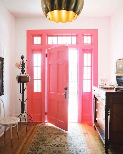 Bright Pink Front Door, Paint Colors For Front Door, Benjamin Moore Pink, Unique Front Doors, Pink Front Door, Front Door Interior, Pink Paint Colors, Door Colors, Door Paint Colors