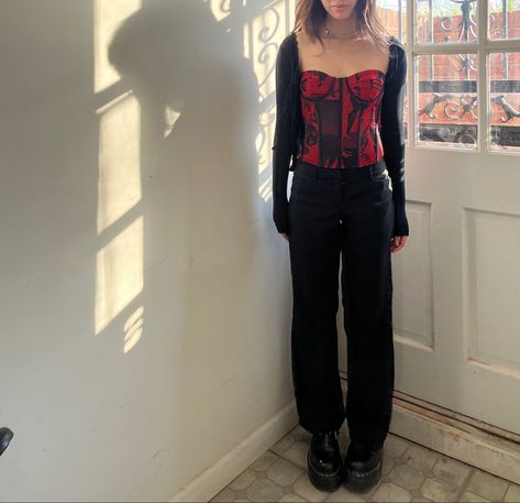 #red #pinstripe #drmartens #platform #corset #cardigan #streetwear #newyorkcity #instagramhighlights Cardigan Streetwear, Dr. Martens, Strapless Top, My Girl, Street Wear, Red, Women's Top, Quick Saves