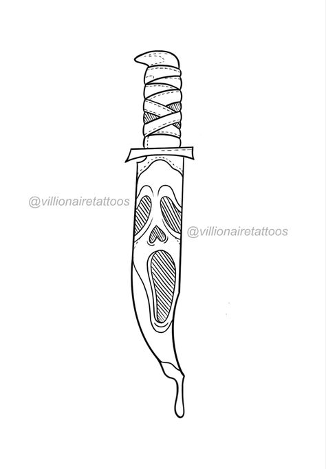 Ghost Face Holding Knife Tattoo, Scary Flash Art, Scream Knife Tattoo Design, Hellraiser Tattoo Stencil, Halloween Tattoo Stencil Outline, Horror Line Tattoo, Scream Tattoo Ghostface Outline, Ghostface Outline Tattoo, Disney Horror Tattoos