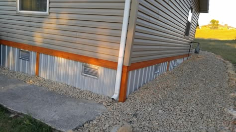 Galvalume skirting with cedar trim Trailer Skirting Ideas, Mobile Home Skirting Ideas, Metal Skirting, Mobile Home Siding, House Skirting, Skirting Ideas, Mobile Home Skirting, Home Skirting, Diy Trailer