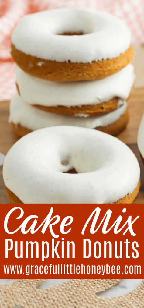 Try these cake mix pumpkin donuts for a quick and easy sweet, fall treat. Find full recipe details at gracefullittlehoneybee.com Pumpkin Donut Cake Mix Recipes, Pumpkin Spice Cake Donut Recipe, Cake Mix Donut Holes, Pumpkin Donuts Baked Cake Mixes, Pumpkin Spice Cake Mix Donuts Baked, Icing For Donuts, Cake Mix Doughnuts Baked, Easy Pumpkin Treats, Donuts From Cake Mix Baked