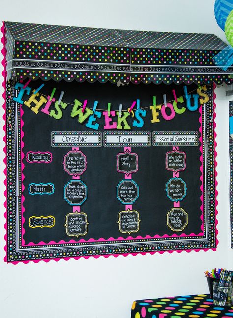 The Chalkboard Brights classroom collection combines the classic chalk look with vibrant colors, patterns and tons of fun.  Your students will love the look, and you will enjoy spending time in your class.  Colors include green, blue, pink, yellow, and white in patterns like polka dots, stripes, and swirls. Week In Focus Bulletin Board, Black And Neon Classroom Theme, Chalkboard Bulletin Board Ideas, Focus Board Classroom, Chalkboard Theme Classroom, Chalkboard Brights Classroom, Neon Classroom Decor, Neon Classroom, Learning Intentions