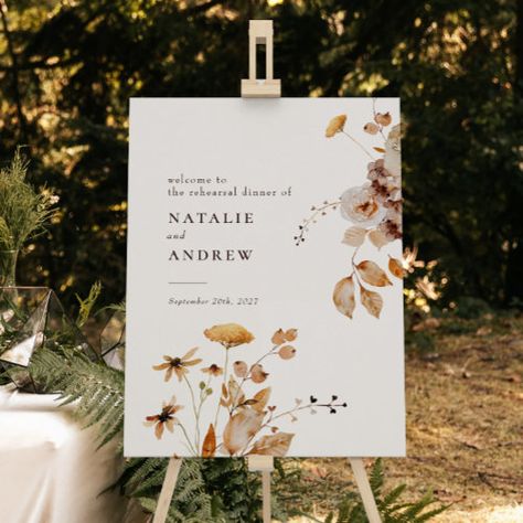 $57.45 | Elegant Woodland Fall Floral Rehearsal Dinner Sign #chic modern autumn, rustic woodland flowers berries, rust gold terracotta, watercolor fall blooms, classy minimal fall winter contemporary, bohemian earthy brown natural tone, classic fall botanical, foam board easel sign, rehearsal dinner welcome sign, elegant fall floral Fall Rehearsal Dinner Decorations, Fall Rehearsal Dinners, Rehearsal Dinner Sign, Fall Floral Wedding, Heart Shaped Photo Collage, Floral Wedding Sign, Spring Baby Shower, Baby Shower Welcome Sign, Boho Baby Shower