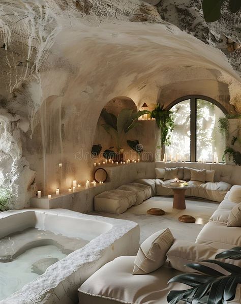 Luxurious cave lounge with hot tub for relaxation and spa experiences royalty free stock image Spa Style Living Room, Luxury Spa Aesthetic, Spa Amenities, Basement Spa, Spa Exterior, Romantic Spa, Deco Spa, Cave Living Room, Spa Aesthetic