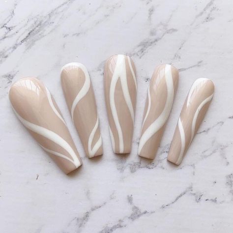 Wavy Lines Nails, Abstract Line Nail Art, Lines Nails, Nude Press On Nails, Line Nail Art, Abstract Nail, Nail Place, Milky Nails, Abstract Nail Art