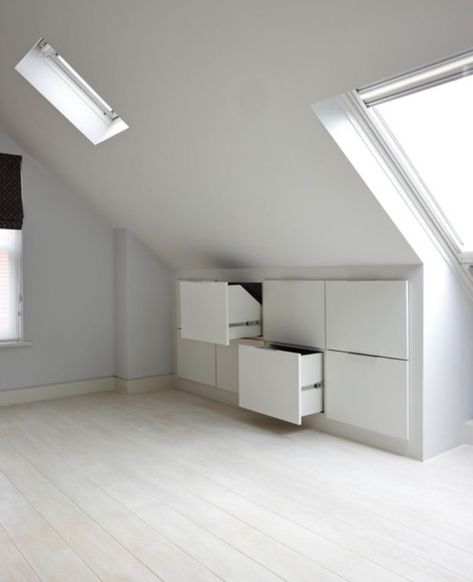 Loft Conversion Bedroom, Attic Bedroom Storage, Eaves Storage, Slanted Walls, Attic Bedroom Designs, Loft Storage, Attic Bathroom, Attic Apartment, Attic Bedrooms