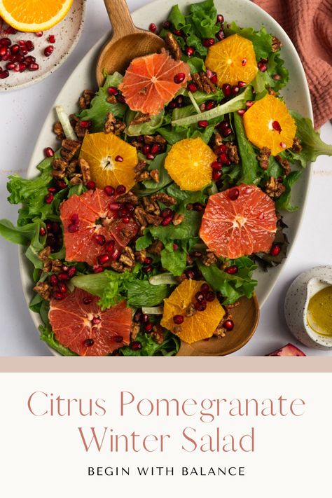 This citrus pomegranate winter salad with orange dressing is the perfect addition to your meal during the Holiday season. This salad is simple and focuses on seasonal ingredients like oranges, grapefruits, pomegranates, and pecans. Thanksgiving Salad Pomegranate, Winter Pomegranate Salad, Winter Salad With Pomegranate, Salad With Pomegranate Seeds, Citrus Pomegranate Salad, Pomegranate Kale Salad, Butternut Squash Pomegranate Salad, Mandarin Orange Salad, Grapefruit Salad