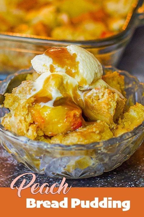 A super easy Peach Bread Pudding recipe that tastes amazing on its own, or with ice cream and caramel sauce. Peach Bread Pudding Recipe, Assyrian Recipes, Peach Bread Pudding, Bread Pudding With Caramel Sauce, Peach Bread Puddings, Pudding Bread, Peach Bread, Peach Recipes, Scones Ingredients