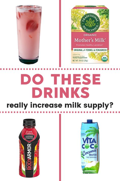 Starbucks pink drink, Body Armor, Mother's Milk Tea and Coconut Water with text overlay do these drinks really increase milk supply Help Increase Milk Supply, Drinks To Increase Milk Supply, Help Breastmilk Production, Lactation Help Milk Supply, What Helps Produce Breastmilk, What Helps Milk Supply, Drinks That Boost Milk Supply, Ways To Produce Breastmilk Milk Supply, Breast Feeding Boost Supply