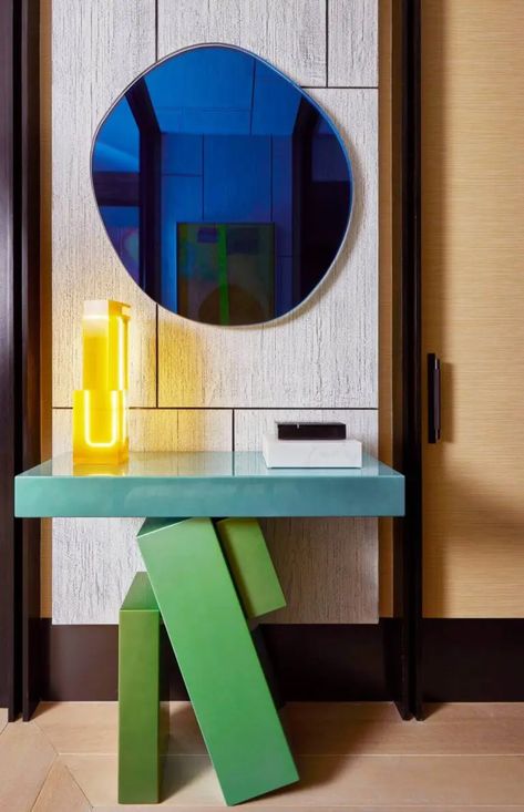 A Kid-Friendly Home In Tribeca by Edward Yedid That Is A Masterclass Yellow Side Table, New York Architecture, Memphis Design, Wood Console Table, Bar Cabinet, Wall Panels, Design Furniture, Interior Architecture Design, Round Mirror Bathroom