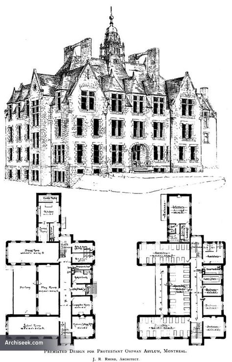 1894 - J.R. Rhind, architect, Design for Protestant Orphanage, Montreal, Quebec Orphanage Design Layout, Orphanage Building Drawing, Orphanage Layout Bloxburg, Minecraft Orphanage Build, Orphanage Building Design, Orphanage Fantasy Art, Orphanage Home Design, Orphanage Concept Art, Orphanage Floor Plan