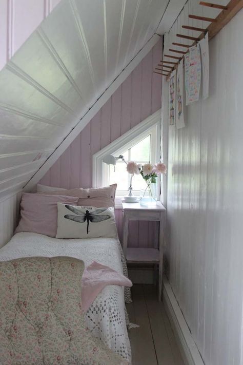 Tiny lavender bedroom makes great use of space under the eaves. Small Attic Bedroom Designs, Small Attic Room Ideas, Small Attic Bedroom Ideas, Small Attic Bedroom, Small Attic Room, Attic Room Ideas, Lavender Bedroom, Very Small Bedroom, Attic Bedroom Designs