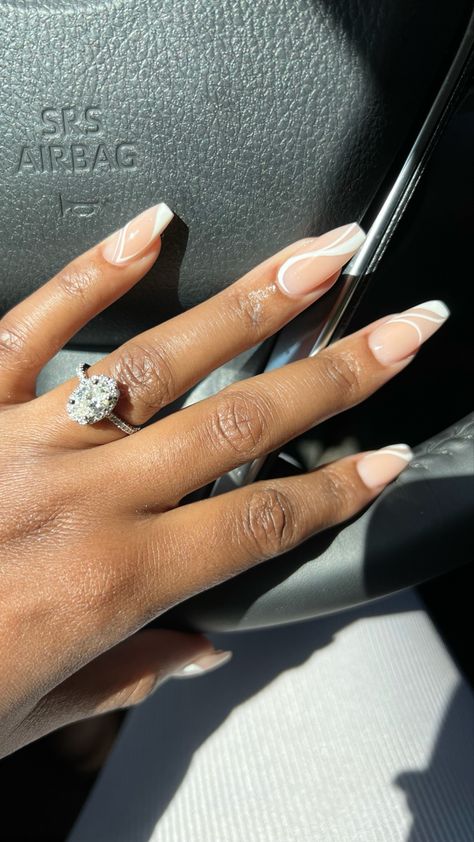 White swirl nails; white nails Acrylic Nails To Go With White Dress, White Summer Nails Coffin, Neutral Coffin Acrylic Nails Design, White Nail Coffin Designs, White Nail Art Coffin, White Design Nails Coffin, White Nails Fancy, White Nails Acrylic Swirls, Acrylic Nail Designs For Graduation